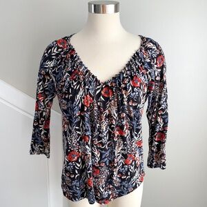 Lucky Brand Pleated V Neck 3/4 Sleeve Black Floral Peasant Top - Size S
